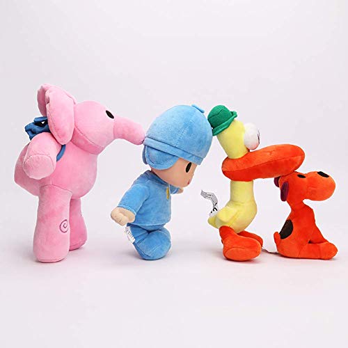 Mottdam - Juego de 4 muñecos de felpa de Pocoyo para niños con elefante rosa de cumpleaños, pato de Barto, perro Lula