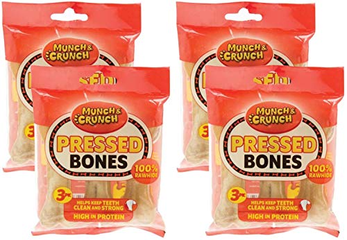 Munch & Crunch Multipack. 12 huesos de piel cruda natural prensada para perros – golosinas para perros para ayudar al cuidado dental – con un folleto para el cuidado del perro.