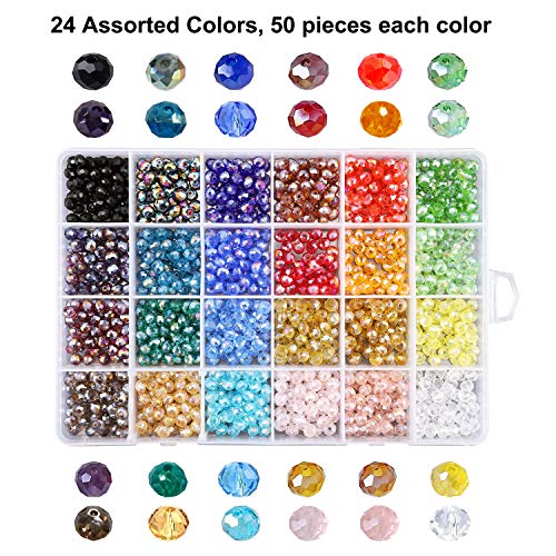MYCreator 1200 cuentas de cristal para joyería, 24 colores, 6 mm, cuentas de cristal facetadas con forma de rondelle artificial, con cordón de cristal de 0,8 mm y 6 m