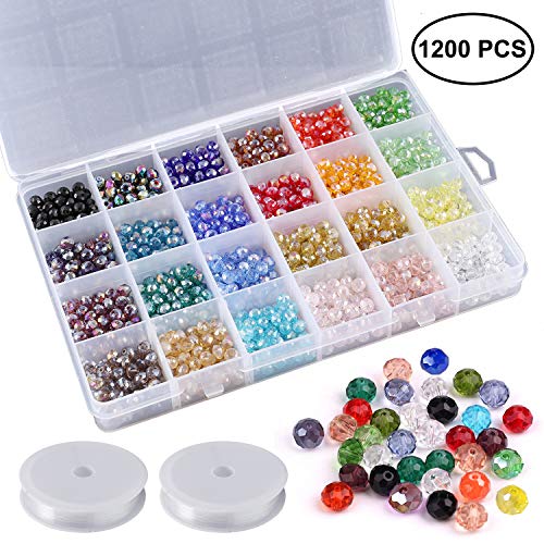 MYCreator 1200 cuentas de cristal para joyería, 24 colores, 6 mm, cuentas de cristal facetadas con forma de rondelle artificial, con cordón de cristal de 0,8 mm y 6 m