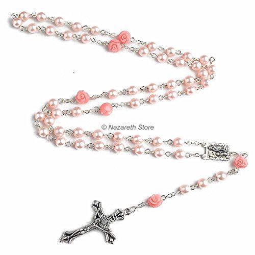 Nazareth Store Collar de Rosario de Perlas Rosadas católicas 6 Piezas Medalla de Rosa de Lourdes y Cruz NS