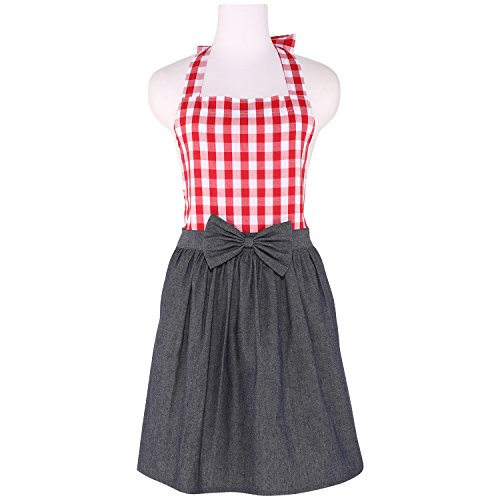 NEOVIVA Delantal vintage de cocina para mujer con bolsillos, coqueto camarera delantal para tiendas, delantal de mezclilla para niñas, estilo Tiffany, cuadros rojo