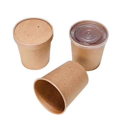 NUOBESTY Sopa Desechable Marrón Helado Contenedor Tazón de Papel para Llevar Contenedores Tarrinas Redondas Tapas Paquete de 50, 12 Oz (50 Vasos de Papel + 50 Tapa de Papel)