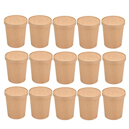 NUOBESTY Sopa Desechable Marrón Helado Contenedor Tazón de Papel para Llevar Contenedores Tarrinas Redondas Tapas Paquete de 50, 12 Oz (50 Vasos de Papel + 50 Tapa de Papel)
