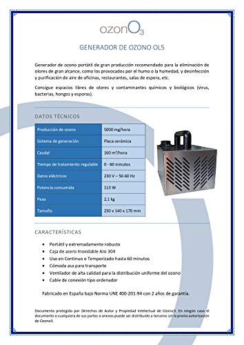 OL Generador de Ozono 5000 MG/h, Fabricado en España bajo Norma UNE 400-201-94, Garantía de 2 años y Reparaciones en 72 Horas. Purificación y Desinfección de Aire Habitaciones, Mascotas, Coches, Humo