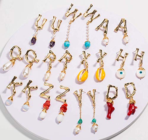 Ookmngft Pendientes para mujer Accesorios de moda Pendientes con letras de piedra natural con perlas naturales simples Mujer NE373-X. Letras doradas L-Devil's Eye y conchas trituradas