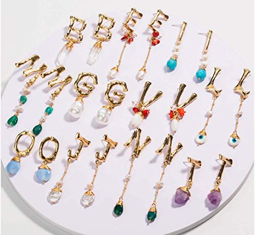 Ookmngft Pendientes para mujer Accesorios de moda Pendientes con letras de piedra natural con perlas naturales simples Mujer NE373-X. Letras doradas L-Devil's Eye y conchas trituradas