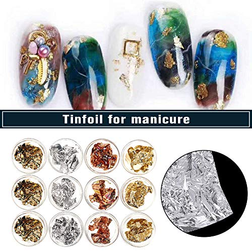 Opopark 12 Cajas Lámina Nail Art Chip Glitter Oro Plata Cobre Lámina de uñas Paillette Nail para decoración de diseño de arte de uñas(Oro plata cobre y hierro)