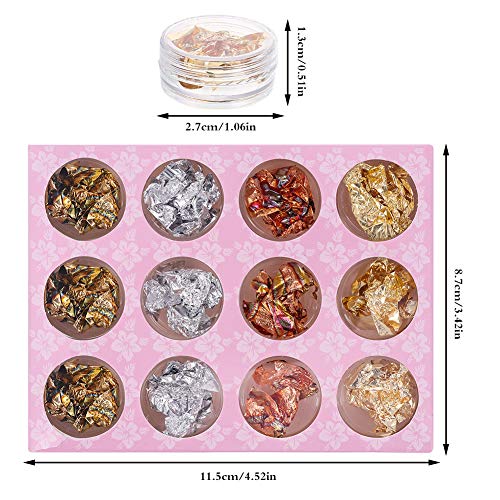 Opopark 12 Cajas Lámina Nail Art Chip Glitter Oro Plata Cobre Lámina de uñas Paillette Nail para decoración de diseño de arte de uñas(Oro plata cobre y hierro)
