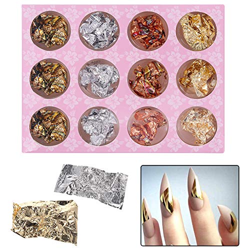 Opopark 12 Cajas Lámina Nail Art Chip Glitter Oro Plata Cobre Lámina de uñas Paillette Nail para decoración de diseño de arte de uñas(Oro plata cobre y hierro)