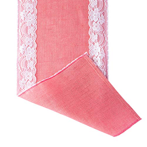 OSVINO Camino de Mesa de Tela de Yute de Lino Natural Cosido, Encaje Blanco, diseño Floral, Camino Antiguo, Lavable, 30 x 275 cm, para Boda, jardín, casa, Hotel, Restaurant, Rosa, 30x275cm…