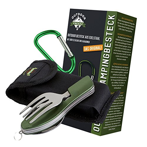 OUTDOOR FREAKZ Cubiertos para cámping Plegable - Vajilla de Exteriores de Acero Inoxidable con Bolsa de Neopreno (Green +)