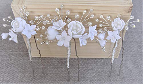 Pack de 3 Horquillas de Flores Blancas, Cristales de Swarovski. Hechas a mano con porcelana fría. Horquillas para boda. Tocado de novia.