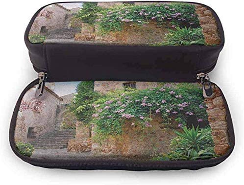 Paisaje de alta capacidad de cuero de la PU Estuche de lápices Jardín de verano Flores Caléndula Piedras Antigua Casa antigua en España Lámina Bolsillo de malla, Capas Mult