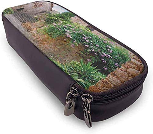 Paisaje de alta capacidad de cuero de la PU Estuche de lápices Jardín de verano Flores Caléndula Piedras Antigua Casa antigua en España Lámina Bolsillo de malla, Capas Mult