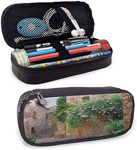 Paisaje de alta capacidad de cuero de la PU Estuche de lápices Jardín de verano Flores Caléndula Piedras Antigua Casa antigua en España Lámina Bolsillo de malla, Capas Mult