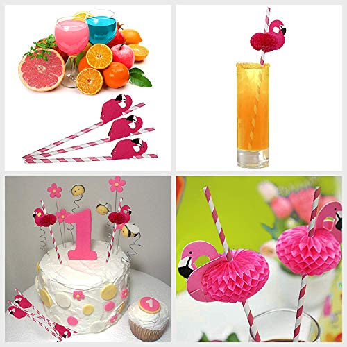 Pajitas de Papel (Pack de 100) - 20cm Pajitas Ecológicas Flamenco Rosa - No Toxicas, Biodegradables a Rayas - Pajitas sin Plástico para Fiestas de Cumpleaños, Bodas, Piscinas y Cocteles