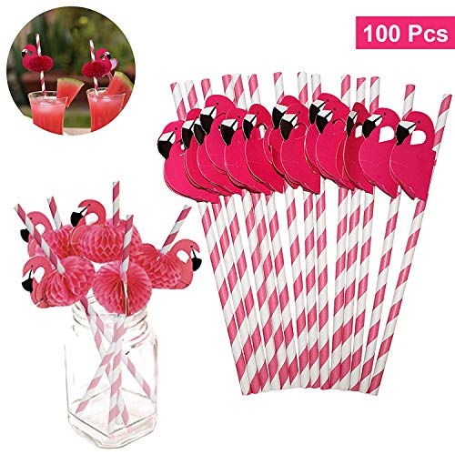 Pajitas de Papel (Pack de 100) - 20cm Pajitas Ecológicas Flamenco Rosa - No Toxicas, Biodegradables a Rayas - Pajitas sin Plástico para Fiestas de Cumpleaños, Bodas, Piscinas y Cocteles