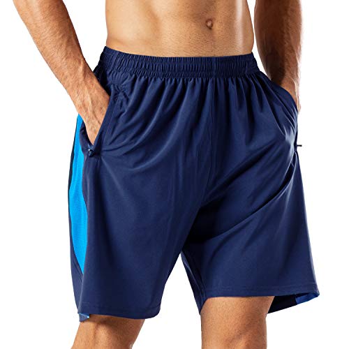 Pantalones cortos de deporte para hombre de secado rápido, pantalones cortos con bolsillo con cremallera, Hombre, color azul marino, tamaño S