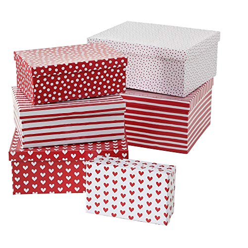 Paper Collection Muebles Hogar Accesorios DDecorativos Organización Contenedores Juego de 6 Cubos en Cartón de Almacenaje con Tapa Blanco y Rojo Puntos Líneas Corazones Varios Tamaños