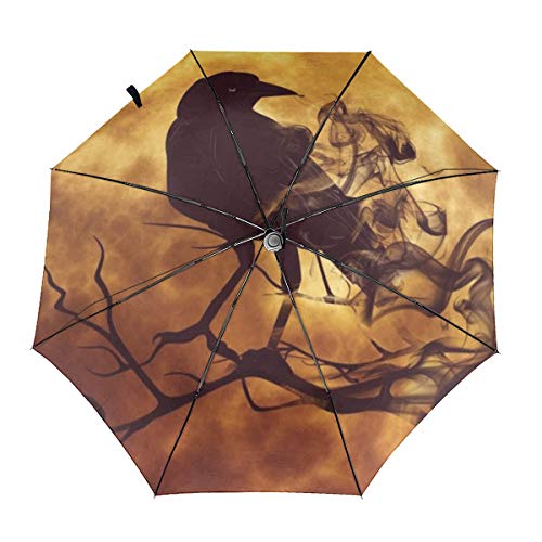 Paraguas plegable compacto con diseño de calavera con bandera americana, resistente al viento y a la lluvia Naranja Cuervo bajo la luna talla única