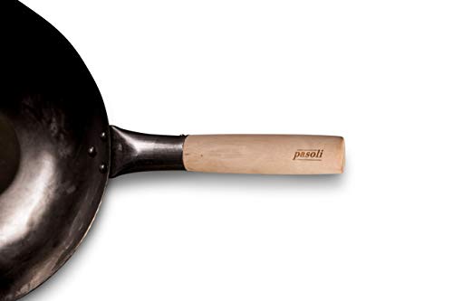 pasoli Wok con Base Plana para la Cocina (también de inducción) | 30 cm de diámetro | Tradicional de Acero al Carbono Martillado a Mano | Wok Base Plana | Mango de Madera | Capa Antiadherente Natural