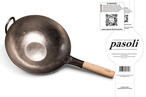 pasoli Wok con Base Plana para la Cocina (también de inducción) | 30 cm de diámetro | Tradicional de Acero al Carbono Martillado a Mano | Wok Base Plana | Mango de Madera | Capa Antiadherente Natural