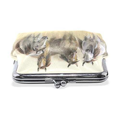 Pastel-Drawing-of-Herd-Horses Mini Monedero de Cuero con Cierre a presión para Mujeres y niñas