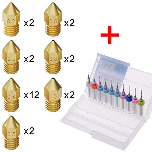 PChero 24 Pieza MK8 Boquillas de Impresora 3D 0.2mm, 0.3mm, 0.4mm, 0.5mm, 0.6mm, 0.8mm, 1.0mm y 10pieza Agujas de Limpieza, con Pinzas, Caja para Impresoras 3D MK8 Makerbot Reprap Creality CR-10