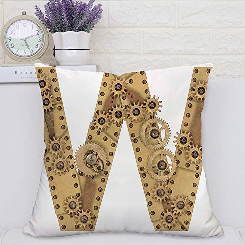 Pillow Case Cojín Cuadrado Print,Letra W, Steampunk Style Símbolo ABC automatizado Mayúscula W Estructura de Engranajes Worn LoAdecuado para Oficina, Familia, automóvil, cafetería, Tienda, 45x45cm