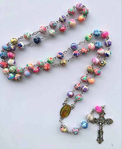 Pioneer Clan Polímeros arcilla cilíndrica perla católica rosa collar representación color perla Cruz collar religioso (modelo 1)