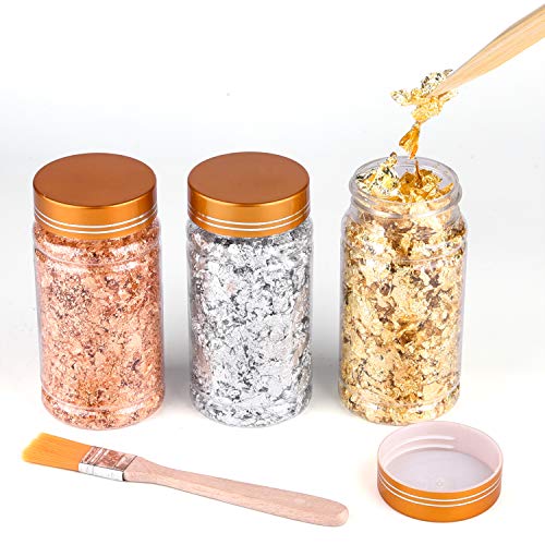 PLULON 3 botellas Escamas la hoja dorado, Copos oro para resina, Copos papel plata, Hoja metálica de cobre con pincel y pinzas bambú para la fabricación joyas bricolaje, Artes la pintura, Arte Uñas
