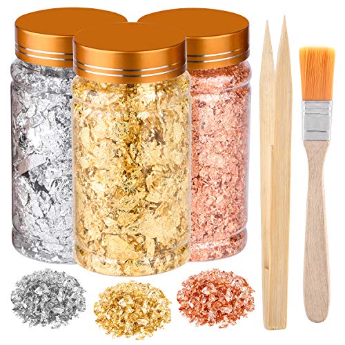 PLULON 3 botellas Escamas la hoja dorado, Copos oro para resina, Copos papel plata, Hoja metálica de cobre con pincel y pinzas bambú para la fabricación joyas bricolaje, Artes la pintura, Arte Uñas