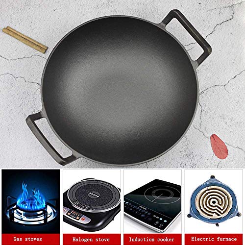 POETRY Sartén de Hierro Fundido Wok Sartén Gruesa de Doble Oreja Wok Sartén de Hierro Fundido Antiguo Cocina de inducción sin Aceite Gas Infinite Wok Flat 36cm