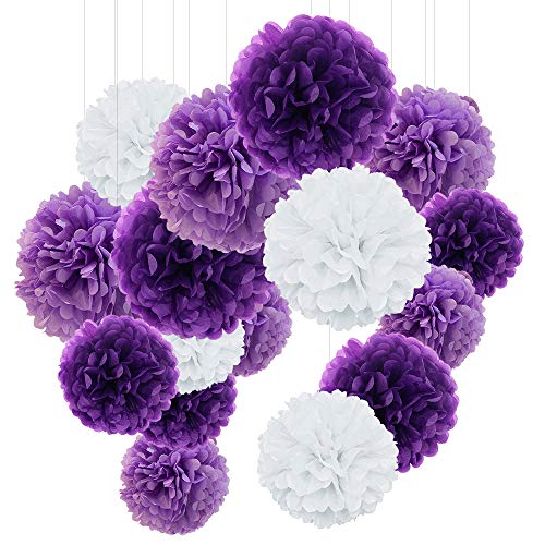 Pompon de Papel de Seda, Papel Pom Poms Flores Tissue para fiestas de cumpleanos, bodas, baby shower, shower de novia o decoracion de festivales, 24 Piezas (Púrpura, Púrpura Clara y Blanco)
