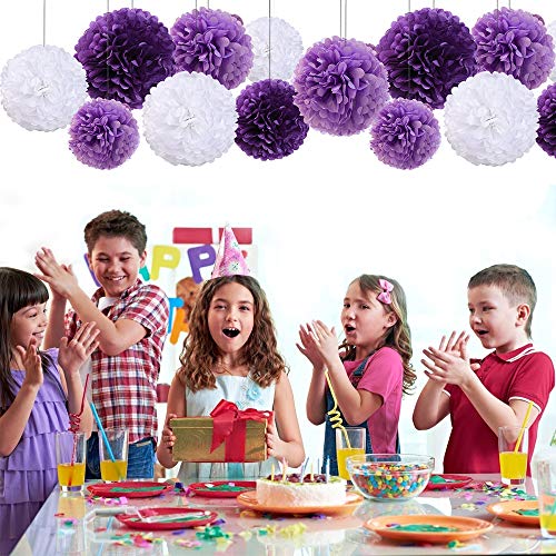 Pompon de Papel de Seda, Papel Pom Poms Flores Tissue para fiestas de cumpleanos, bodas, baby shower, shower de novia o decoracion de festivales, 24 Piezas (Púrpura, Púrpura Clara y Blanco)