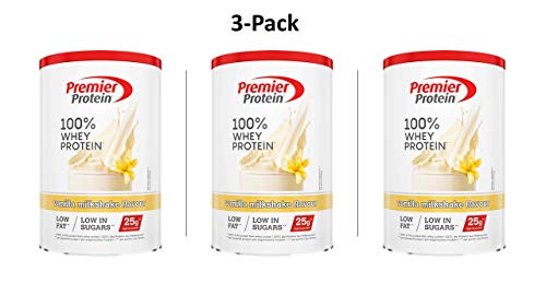 Premier Protein 100% Whey Powder Vanilla Milkshake 315g-Alta Proteína Baja Azúcar y Grasa Polvo+Proteína de Suero, 3 unidades