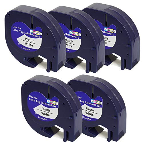 Prestige Cartridge 5 Casetes de Cinta compatibles con Dymo LetraTag 91201 S0721610 S0721660 Negro sobre Blanco 12mm x 4m para DYMO LetraTag LT110T, LT100H, LT100T, QX50, XR