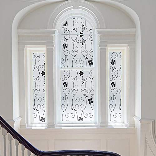Qualsen Vinilo para Ventana Vinilo para Cristal de Privacidad Vinilo de Ventana Esmerilada Decorativa para Baño Despacho Cocina Anti-UV 44.3 x 400 cm, Flor Negra