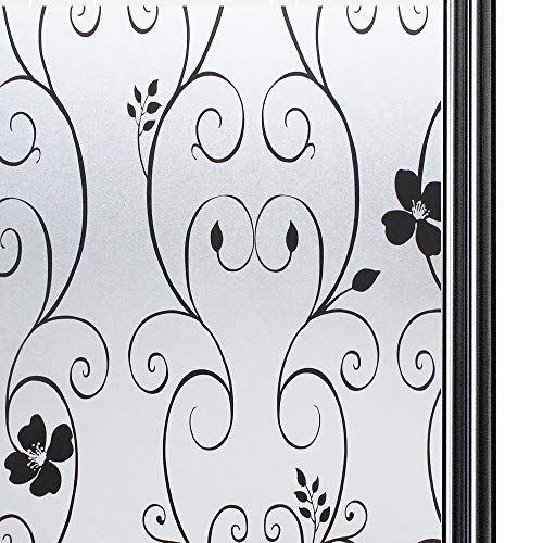 Qualsen Vinilo para Ventana Vinilo para Cristal de Privacidad Vinilo de Ventana Esmerilada Decorativa para Baño Despacho Cocina Anti-UV 44.3 x 400 cm, Flor Negra