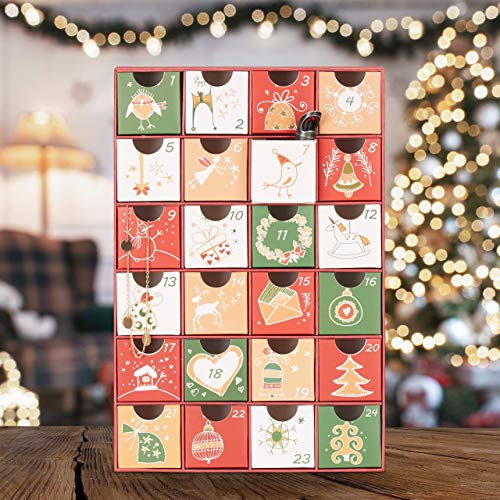 Relaxdays, 32,5 x 22 x 5,5 cm Calendario Adviento para Rellenar 24 Cajas, Cartón, Multicolor, Diseño