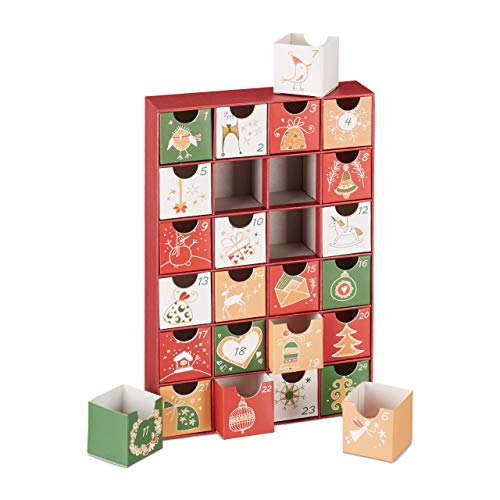 Relaxdays, 32,5 x 22 x 5,5 cm Calendario Adviento para Rellenar 24 Cajas, Cartón, Multicolor, Diseño