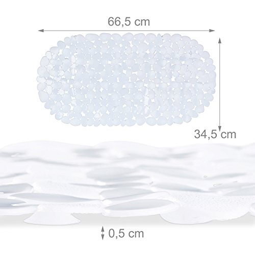 Relaxdays Alfombra Bañera Antideslizante, Diseño Piedra, Alfombrilla Baño Ventosas, PVC, 1 Ud, 66,5 x 34,5 cm, Blanco