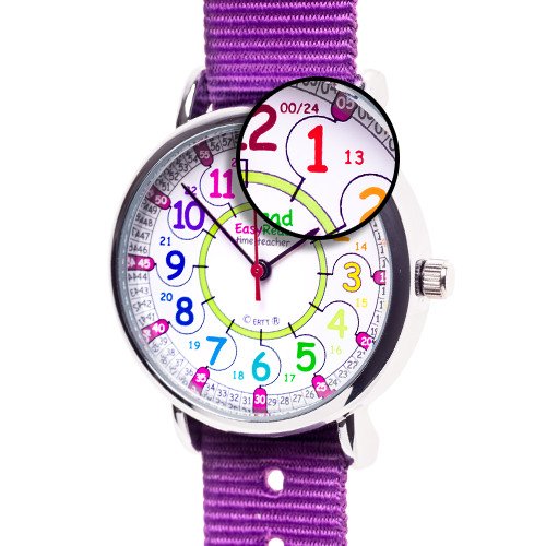 Reloj infantil EasyRead Time Teacher, hora digital en formato de 12 y 24 horas, colores del arco iris/correa azul marino