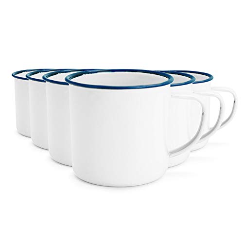 Rink Drink Taza de café o té - Esmalte Blanco Tradicional y Borde Azul - 350 ml - Pack de 6