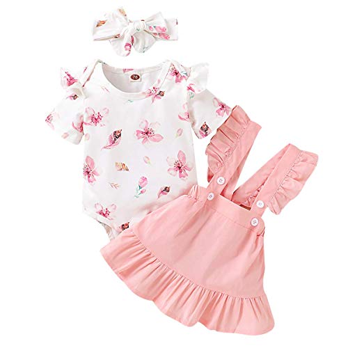 Ropa de bebé recién nacido, verano, volantes, manga corta, pelele + falda de flores con cinta para la cabeza Blanco-2 3-6 Meses