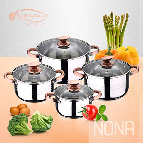 San Ignacio - Cocina- Batería 11 piezas: 4 cacerolas 4 tapas de vidrio y 3 sartenes 16/20/24, acero inoxidable, inducción