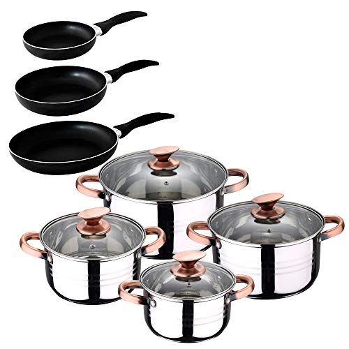 San Ignacio - Cocina- Batería 11 piezas: 4 cacerolas 4 tapas de vidrio y 3 sartenes 16/20/24, acero inoxidable, inducción