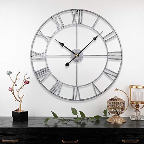 Searchyou - 60CM Relojes de Pared de Metal Grandes Silencioso Estilo Vintage Números Romanos para Salón Dormitorio Bar - (Plata)