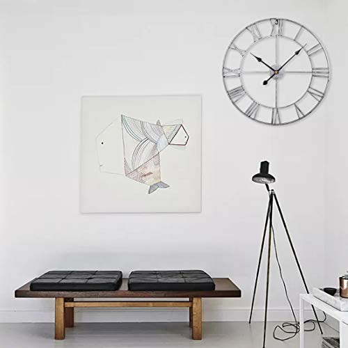 Searchyou - 60CM Relojes de Pared de Metal Grandes Silencioso Estilo Vintage Números Romanos para Salón Dormitorio Bar - (Plata)